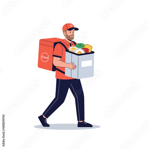 A food delivery worker carrying a large box of food items.