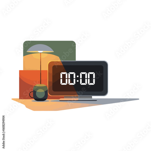 A digital clock displaying midnight next to a lamp and a mug.