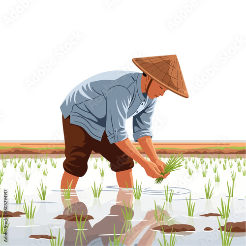 A farmer wearing a conical hat plants rice seedlings in a flooded paddy field.