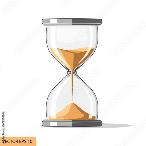 An hourglass with golden sand flowing from the top chamber to the bottom, set against a white background.