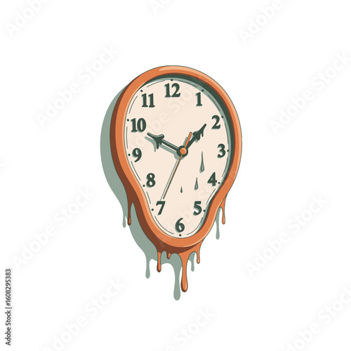 Melting clock, surreal timepiece, dripping orange face, abstract design.