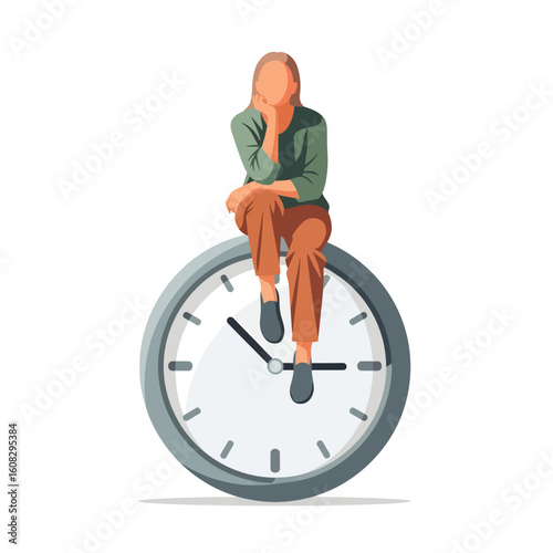 Woman thoughtfully perched atop a large clock, contemplating time's passage.