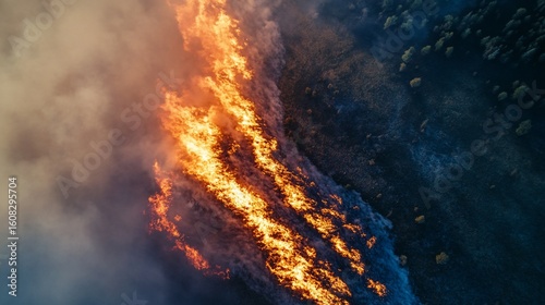 Aerial View of Wildfire Consuming Forest, Threatening Ecosystem and Air Quality