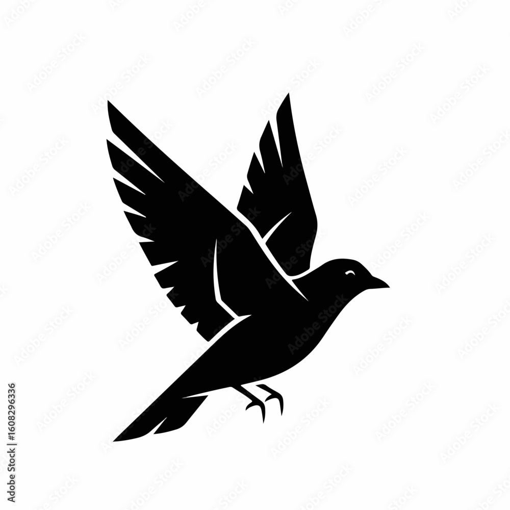 Fototapeta premium Silhouette of a bird in flight, wings spread wide, against a white background.