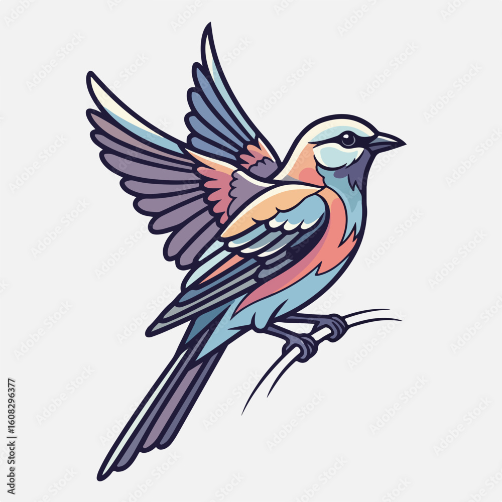 Obraz premium A colorful bird with outstretched wings perched on a branch, depicted in a stylized, illustrative manner.