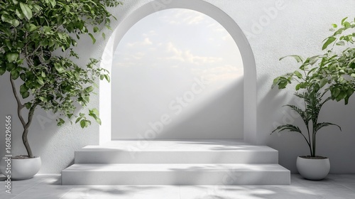 Elegant minimalist architectural space with archway and potted plants
