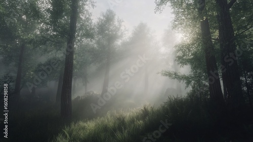 Ethereal forest bathed in morning mist with sunbeams filtering through the trees creating a magical and serene atmosphere