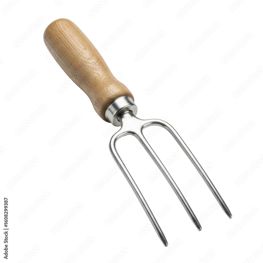 Obraz premium A close up view of a garden hand fork, featuring a smooth wooden handle and shiny metal tines, perfect for planting and weeding.