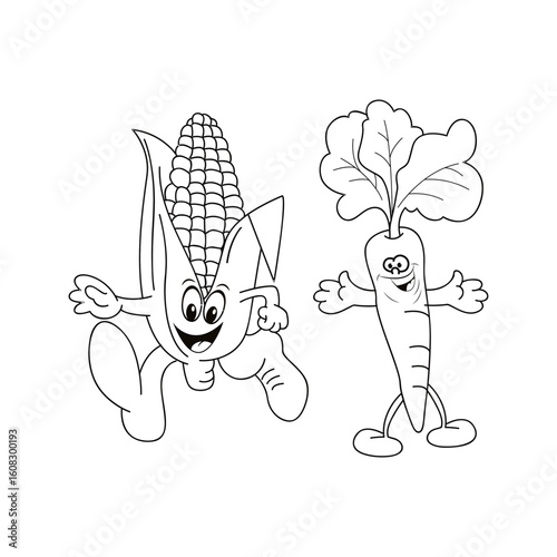 corn carrot icons funny cartoon character handdrawn sketch