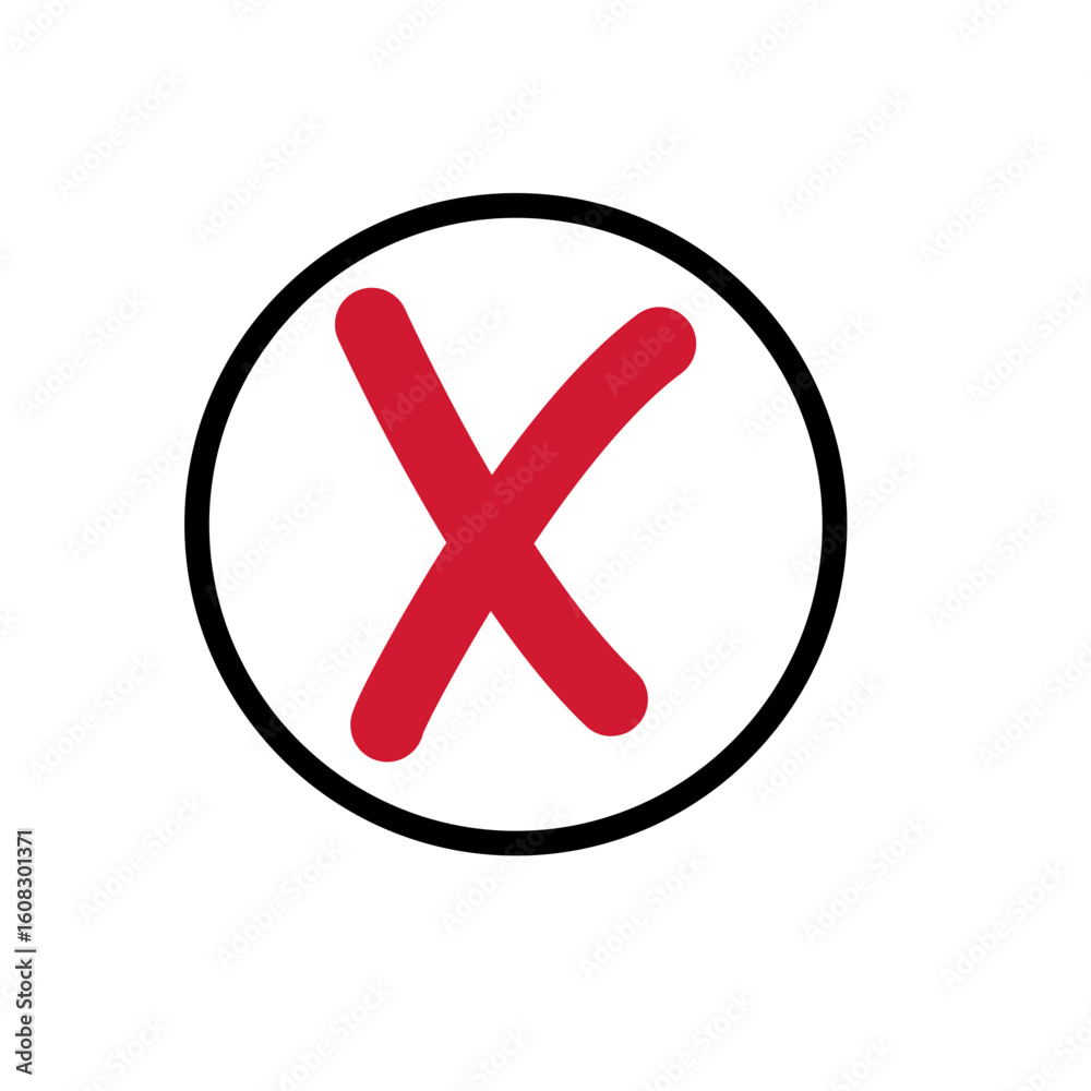 Obraz premium Red X mark inside a black outlined circle, used to show error, wrong input, or cancel function in user interface designs.