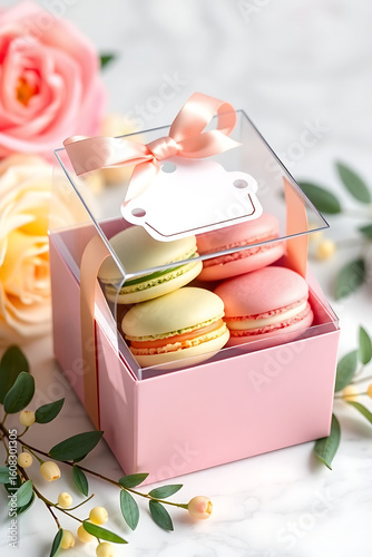 Elegant Macaron Gift Box with Pink Ribbon