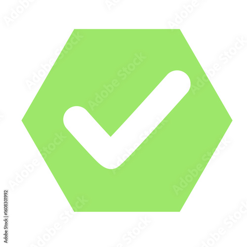  White checkmark in a solid green hexagonal background, representing correctness, achievement, or verified status in geometric icon style.