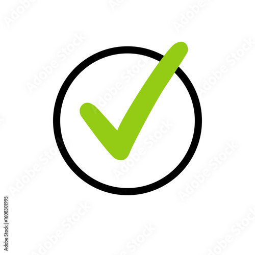 Green checkmark inside a bold black circle outline, representing correctness, validation, or approval in a clean and minimal vector style.