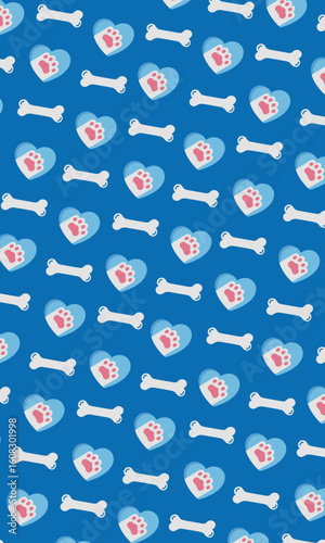 Seamless pattern of dog paw prints in hearts and bones on a blue background. Pet love concept
