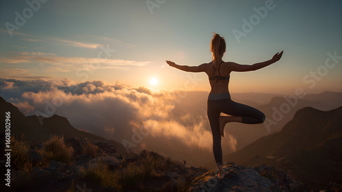 Wallpaper Mural Woman practicing yoga at sunset above the clouds on a mountain peak Torontodigital.ca