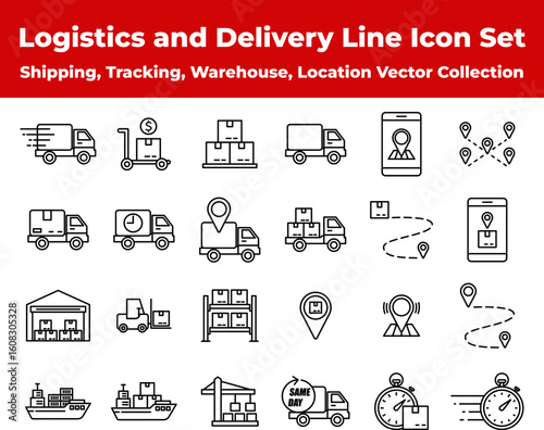 Logistics and Delivery Line Icon Set. Shipping, Tracking, Warehouse, Location Vector Collection. A complete logistics and delivery icon set in modern black line style