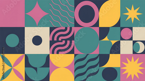 Geometric Abstract Pattern with Circles Stars and Waves in Bold Retro Colors for Graphic Design Backgrounds and Creative Projects