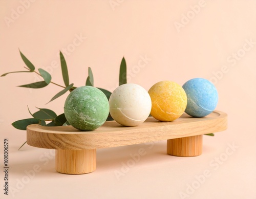 Pastel colored spheres on a wooden display stand.