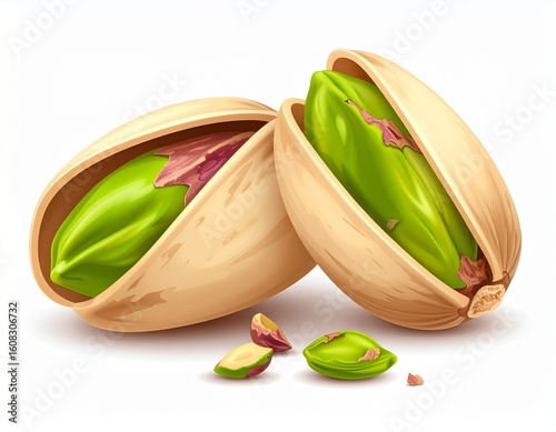 Pistachio kernels and shells, high-quality illustration.