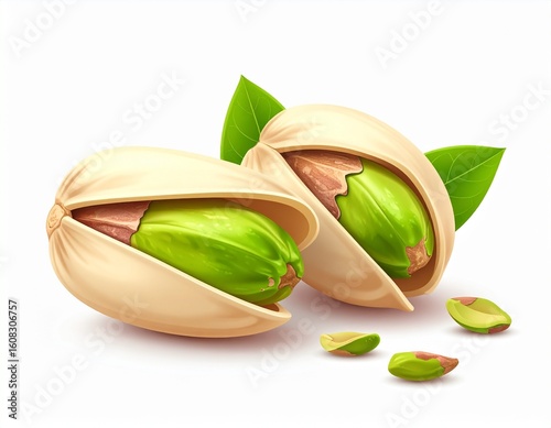 Close-up of green pistachios in their shells, isolated on white.