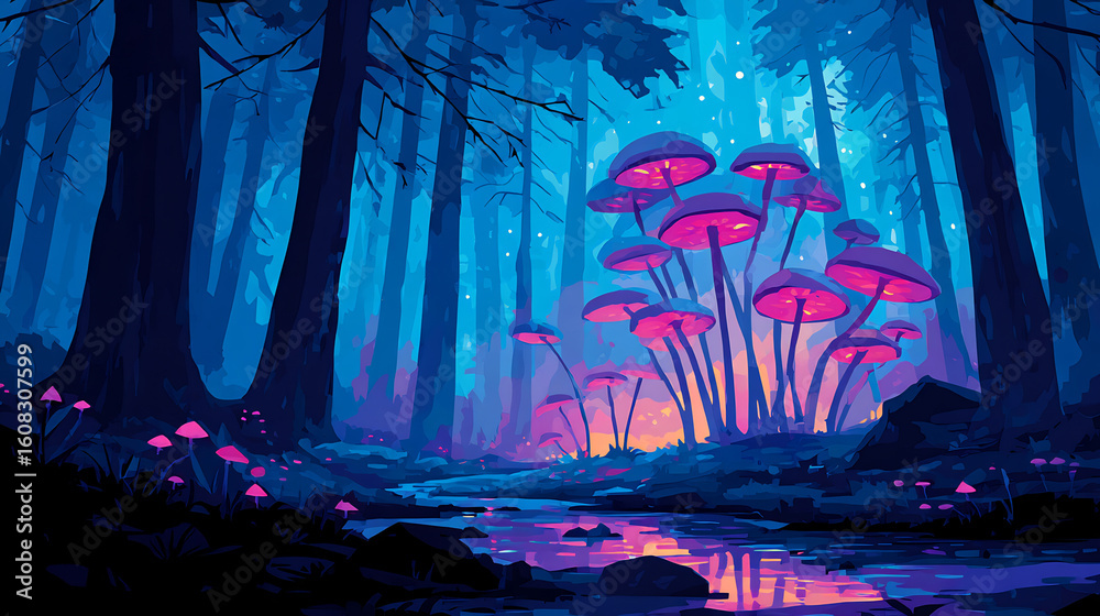 Fototapeta premium Dark forest at twilight with glowing mushrooms