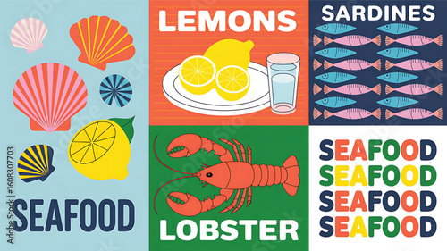 Seafood Collage with Lobster Sardines Lemons and Seashells Illustration Vibrant and Eye Catching Design for Culinary Arts and Recipe Inspiration