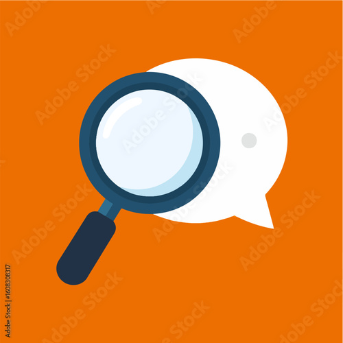 Magnifying glass over chat bubble on orange, illustrating search, analysis, feedback, reviews, or communication with a clean, modern, minimalist design style.