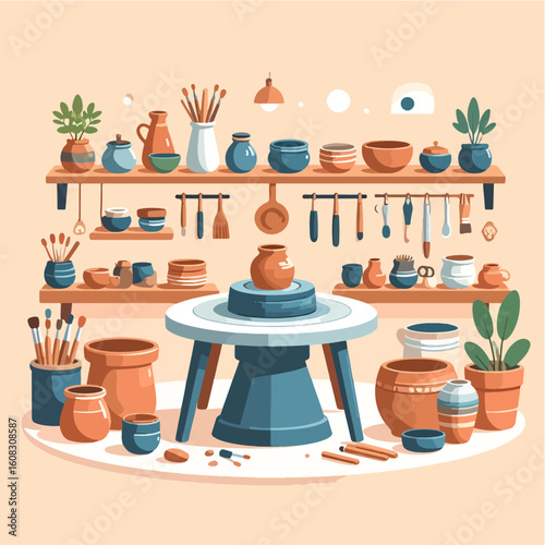 A cozy pottery studio scene with finished ceramic pieces on display shelves, a pottery wheel, and tools, evoking creativity and craftsmanship in a warm, inviting space.