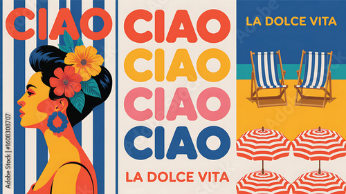 Vibrant Italian Summer Illustration with Woman Flowers and Beach Scenes Celebrating La Dolce Vita