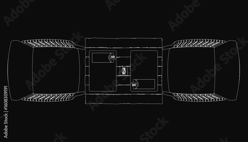 Two white contour chairs and a table are illustrated in a minimalist top-down view against a solid black background. The chairs feature clean outlines with visible legs and backrests