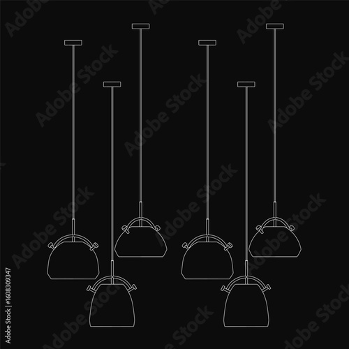 Pendant lights with unique designs hang in a triangular formation from the ceiling. The tallest light is at the top, while the smallest sits at the bottom.