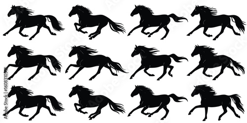 A striking collection of black horse silhouettes galloping gracefully across a pristine white background for designs.