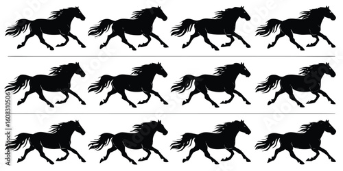 A striking silhouette of a galloping horse depicted multiple times in a seamless black and white pattern