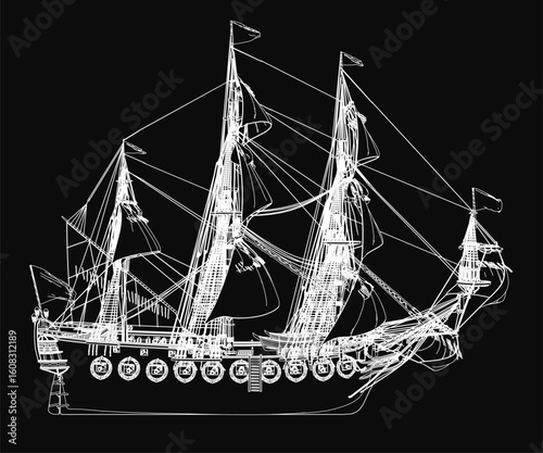 A black and white contour drawing of the historic frigate, stands boldly against a dark background. The detailed illustration highlights the ship's elegant sails and intricate rigging.