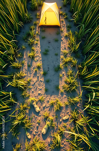 Serene Camping Path with Tent Amidst Tall Grass
