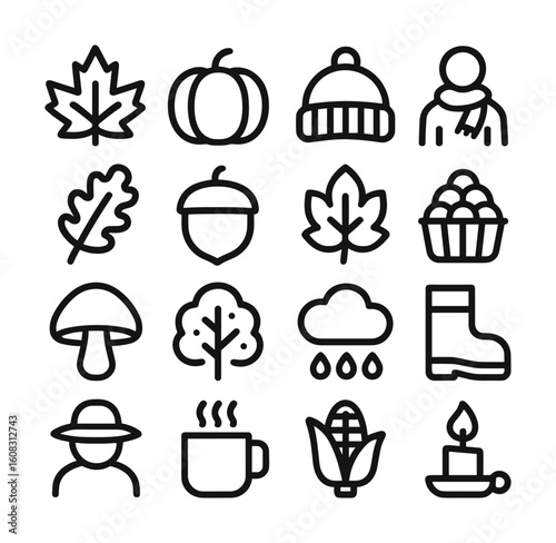Simple Outline Autumnal Harvest Weather Icon Set, Minimalistic Style