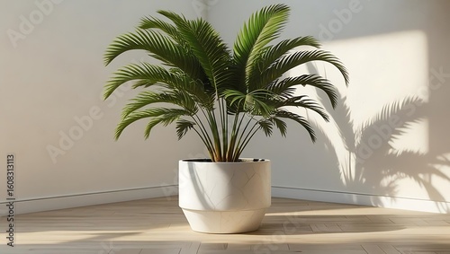 Potted sago palm with sunlight and shadows in a corner