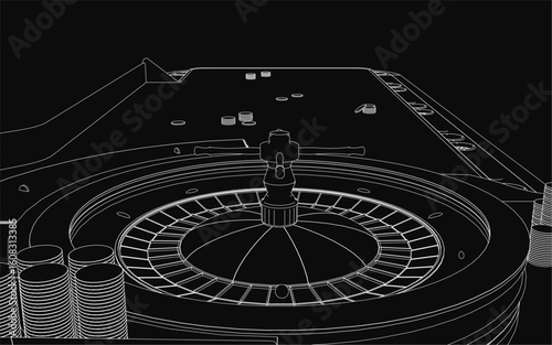 A black and white contour drawing of a roulette wheel with scattered coins, set against a dark textured background. The minimalist design highlights the wheel's intricate details and gambling theme.