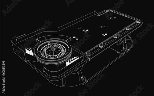 A black and white roulette table illustration with scattered coins stands out in high-contrast contour style against a dark backdrop. The minimalist casino-themed design features clean lines, crisp.