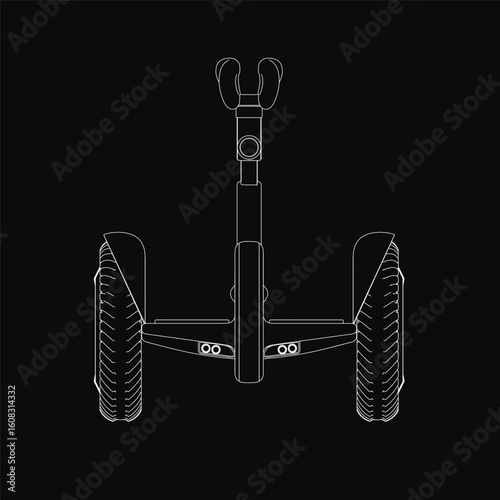 A sleek black and white hoverboard illustration features two wheels and a handlebar, resembling a futuristic segway. The contour design stands out against a solid black background for high contrast.
