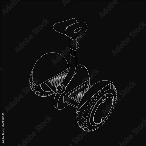 A black and white Segway sketch in clean contour lines stands out against a dark background. The self-balancing scooter is depicted with precise details, highlighting its modern design.
