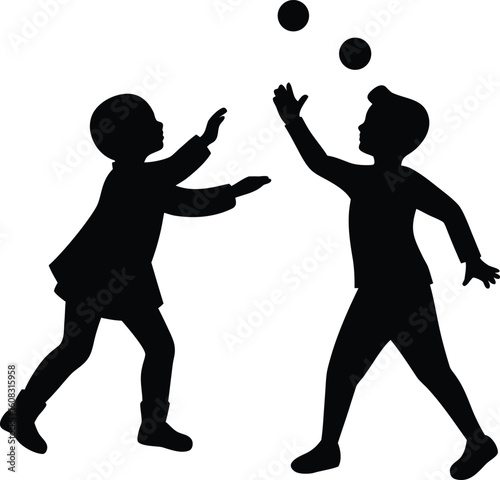 Kids snowball fight vector silhouette  