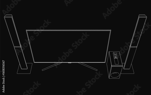 Flat screen TV on black background with contour line art of a home theater system. The illustration includes connected speakers and a remote for a complete setup.