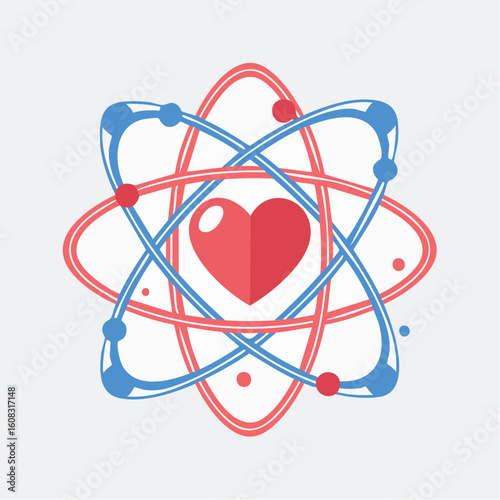 A vibrant red heart nestled within a complex blue and red atomic orbital structure, symbolizing the science of love or health.