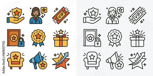 Exclusive benefit icons with reward, vip access and premium service. vector graphic illustration