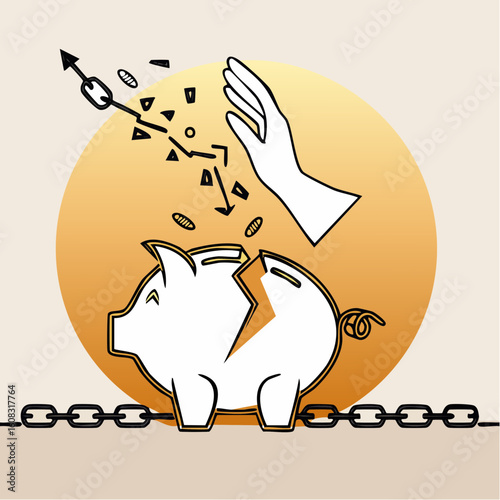 Broken piggy bank with hand pouring coins, symbolizing financial loss.