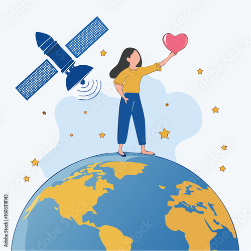 A woman stands on top of the Earth, raising a heart to the sky next to a communication satellite.
