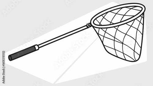 Simple Black and White Line Art Illustration of a Handheld Catching Net, Ideal for Fishing, Butterfly Collecting, or Pond Exploration