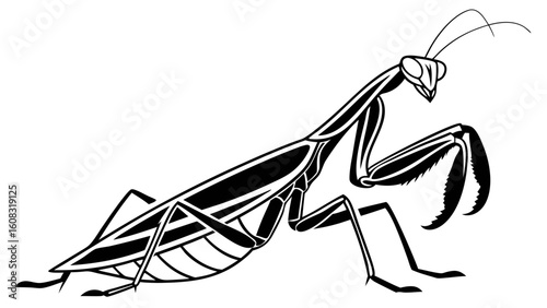 Stylized Black and White Praying Mantis Illustration - Detailed Insect Vector Art for Nature and Entomology Designs