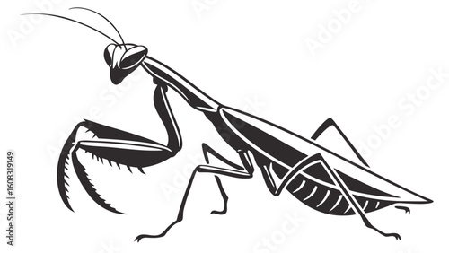 Stylized Black and White Praying Mantis Vector Illustration Isolated on White Background for Design Elements and Wildlife Concepts